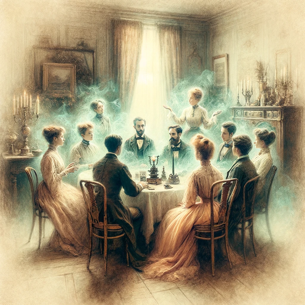 DALL·E 2024-03-12 20.03.18 - Create an image in the style of the 19th century, featuring a scene with people sitting around a table. The atmosphere is filled with ethereal, fade-c.webp